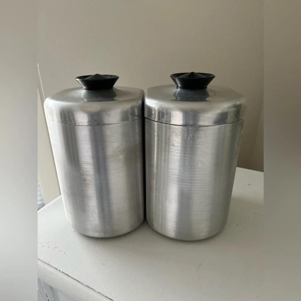 Vintage 1950s MCM Kitchen Aluminum Canisters Lids | Flour And Sugar - Picture 3 of 12